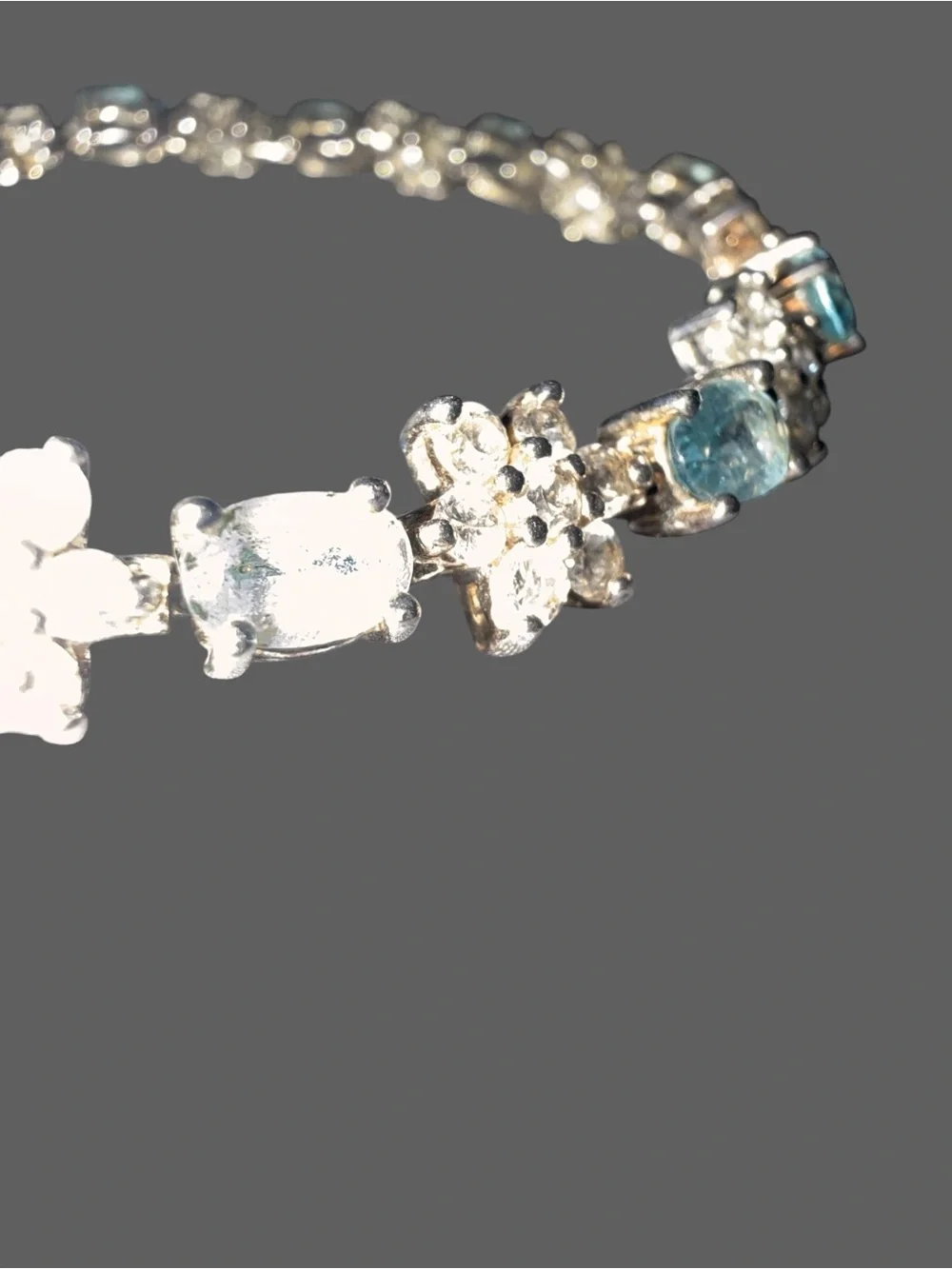 Vintage 925 Sterling Silver Blue Topaz & CZ Tennis Bracelet 7" JJT Floral Design - Picture 3 of 11